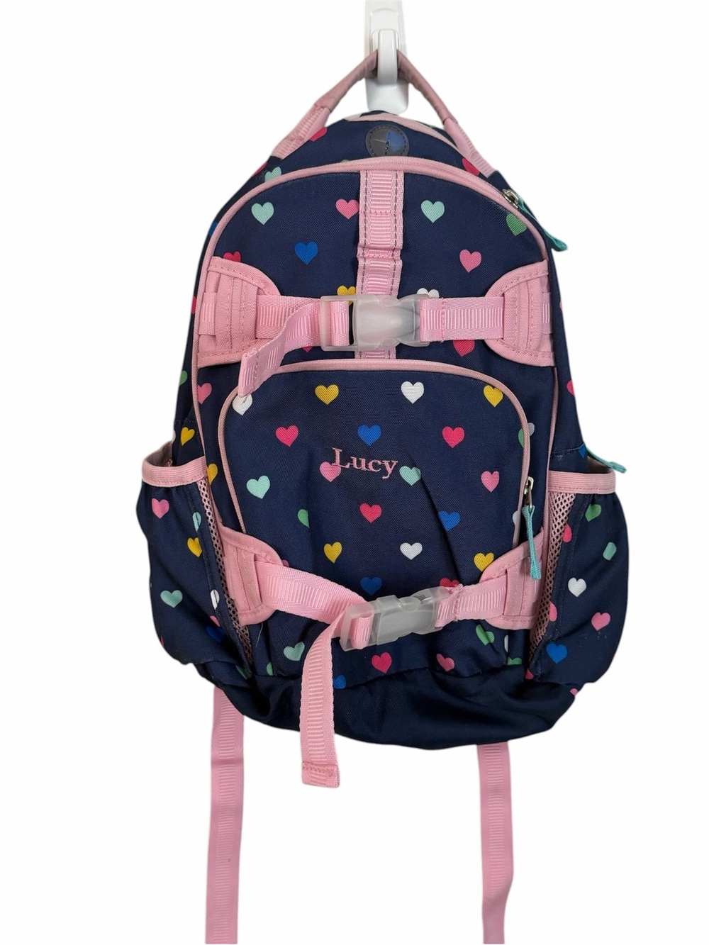 Pottery Barn Kids Navy & Pink Heart Backpack with Lucy Embroidered GUC